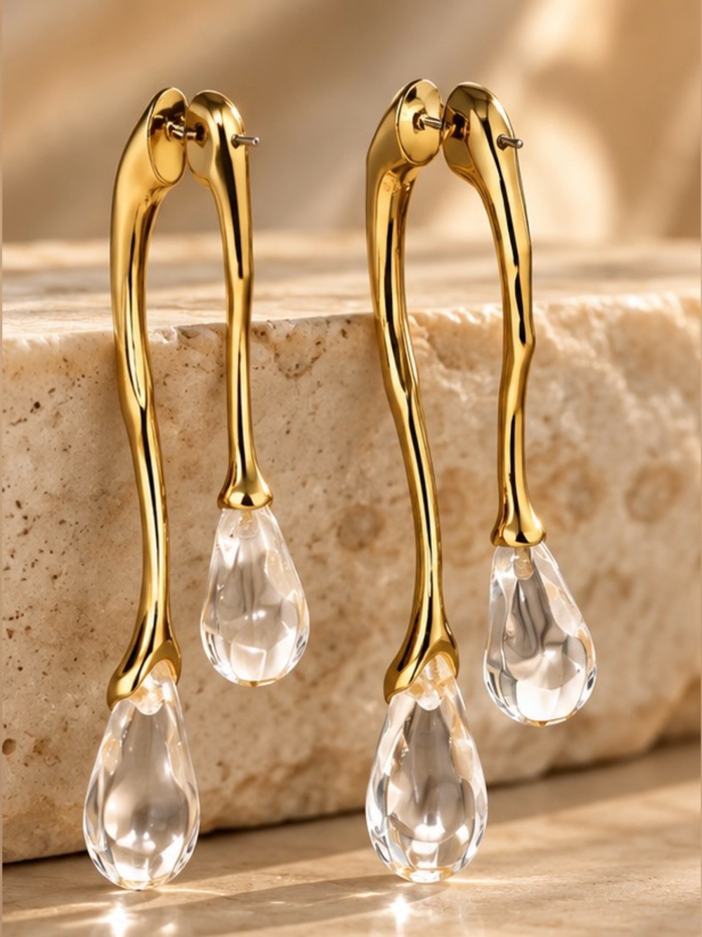 Gold Tone Crystal Teardrop Dangle Earrings Long Statement Earrings